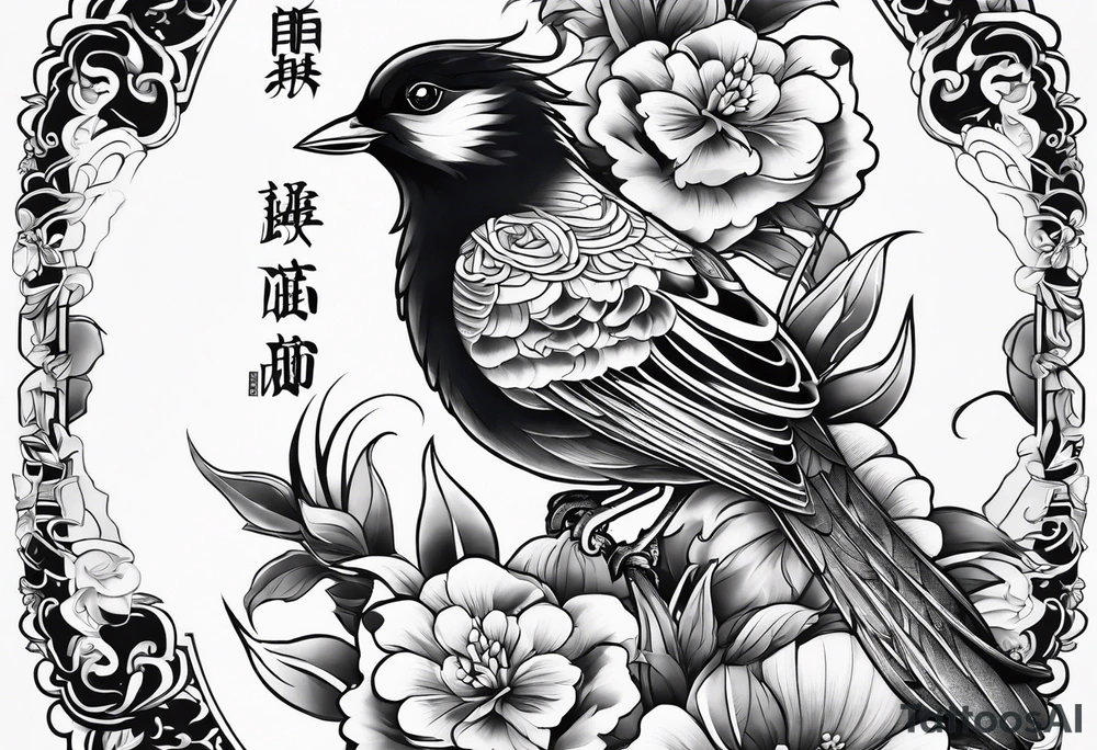 Japanese traditional style
leg sleeve with a bird and flowers tattoo idea