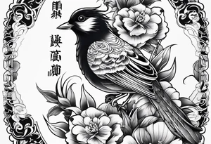 Japanese traditional style
leg sleeve with a bird and flowers tattoo idea