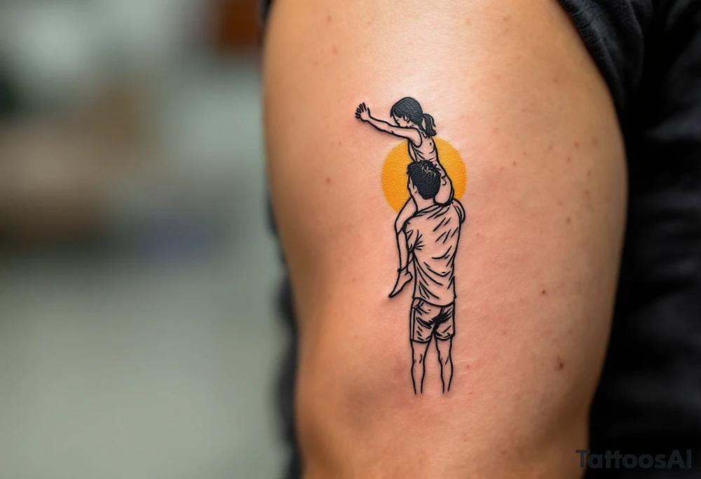 A line-art silhouette of a father lifting his daughter onto his shoulders, with a soft golden glow around them. tattoo idea