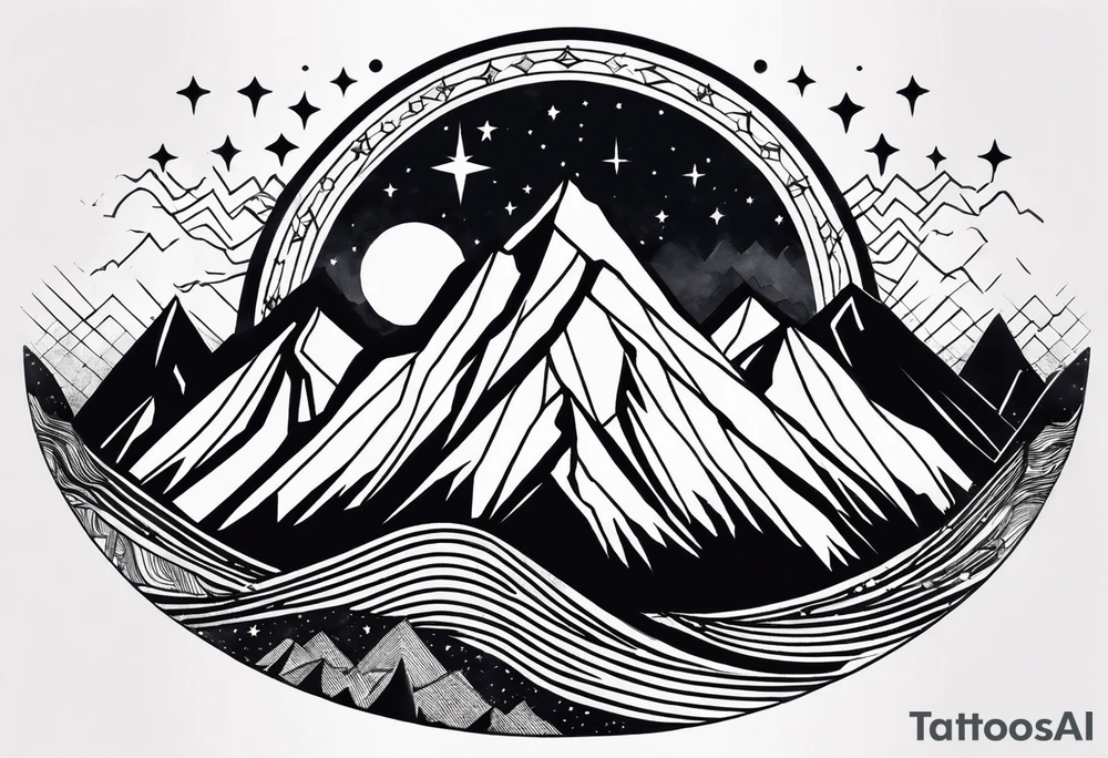 Mountain Massif, one Peak, only peak surrounded woth semi circle dashed Line, in semi circle two littel fine Stars, waves overlapping in Side, Open geometrical Forms Like Diamond with Open lines tattoo idea