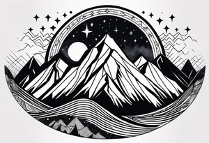 Mountain Massif, one Peak, only peak surrounded woth semi circle dashed Line, in semi circle two littel fine Stars, waves overlapping in Side, Open geometrical Forms Like Diamond with Open lines tattoo idea
