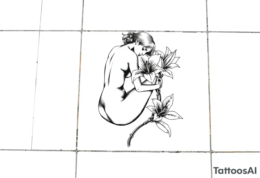 A simple tile floor. On top of the tile A curled figure with a lily next to her tattoo idea