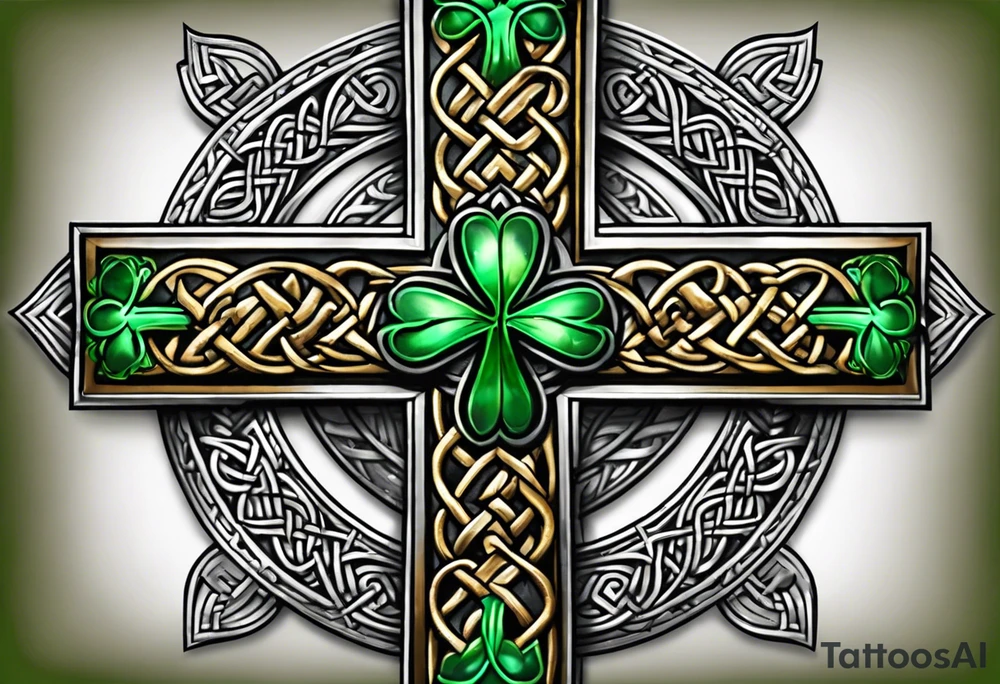 Celtic cross shamrocks in center one feather hanging from each side of cross tattoo idea
