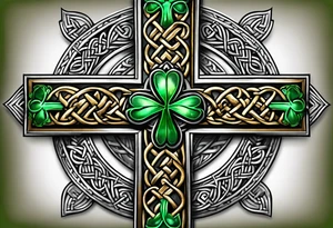 Celtic cross shamrocks in center one feather hanging from each side of cross tattoo idea