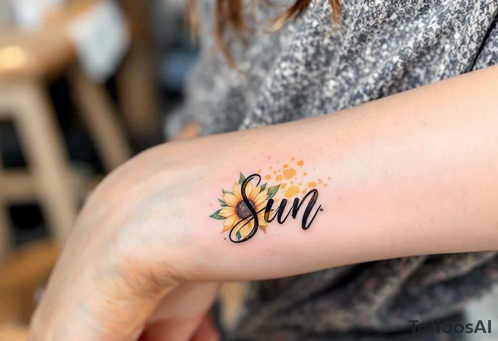 Word "Sun" written with sunflower tattoo idea