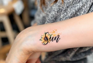 Word "Sun" written with sunflower tattoo idea