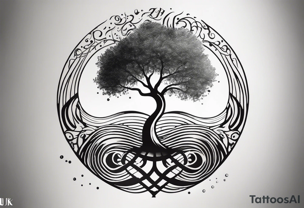 A tattoo design that incorporates the following elements: an abstract tree of life that has roots emerging  from the ground. Waves of water encapsulate the tree and wind around it in an organic way.  Incorporate music.   the letters U and A are overlapping and engraved into the tree. a golf ball incorporated but not prominent. tattoo idea