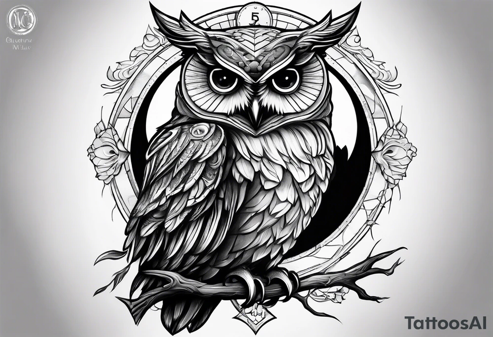 owl side profile holding a scale with its claws tattoo idea
