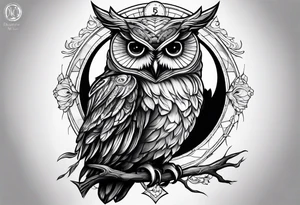 owl side profile holding a scale with its claws tattoo idea