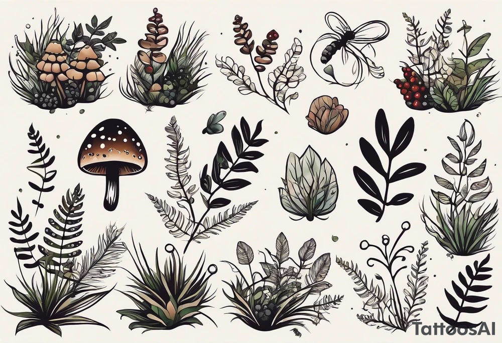 minimalistic forest floor inspired tattoo, which includes grass, moss, curly ferns and dead leaves as the bulk of the tattoo. details to include: forest berries, couple of very small brown mushrooms, a tiny bumblebee flying nearby tattoo idea