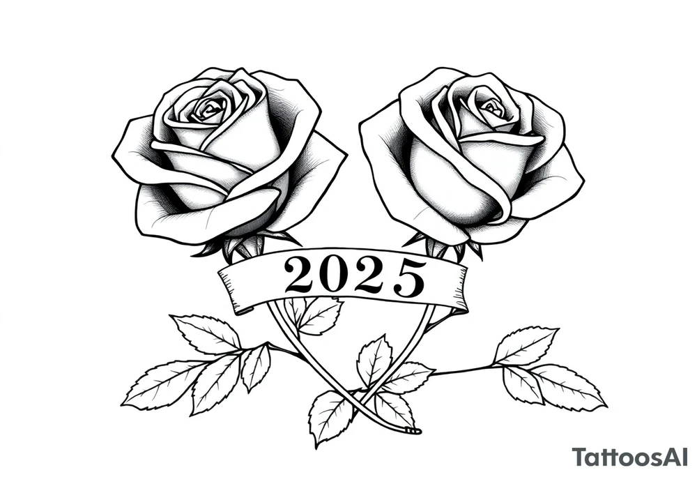 two beautiful large rose buds, one larger than the other, with many leaves next to the rose buds, with one sitting higher than the other. Include a banner connecting the two roses with the year "2025" on it.   Use dark outlines with little shading. The two stems should be short, not long, and connect and join into one stem, whimsically curved or twisted - not straight down. tattoo idea