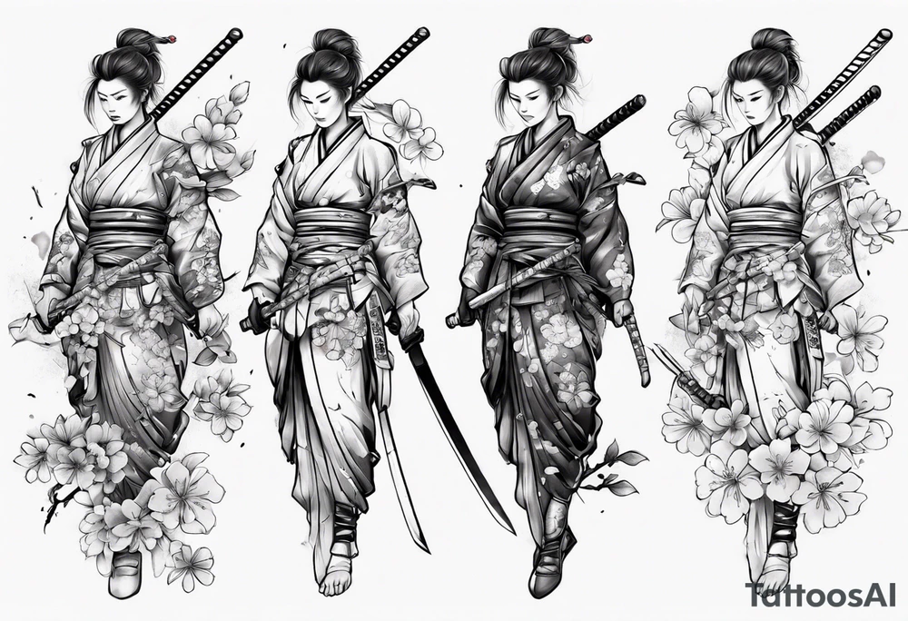 female samurai sword armor sakura leaves tattoo idea