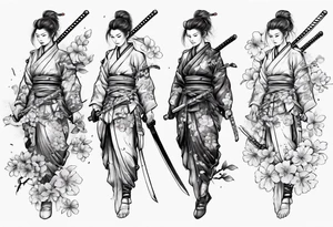 female samurai sword armor sakura leaves tattoo idea