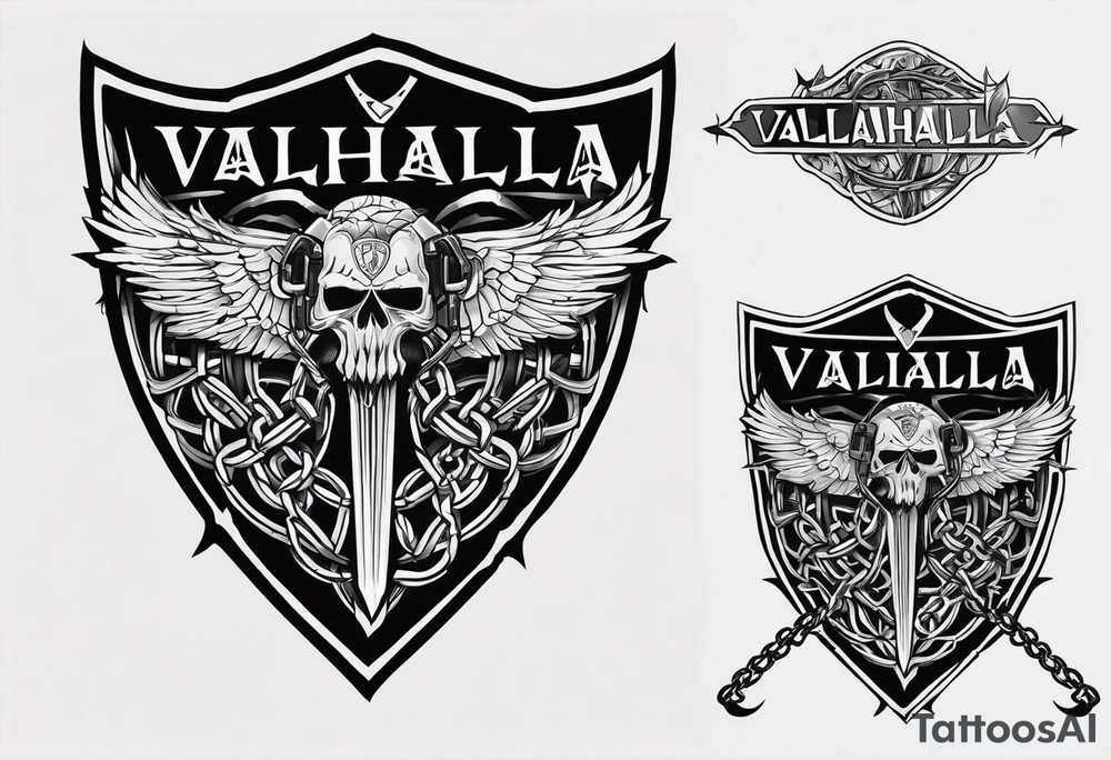 Valhalla round shield axe barbed wire chains tattoo idea