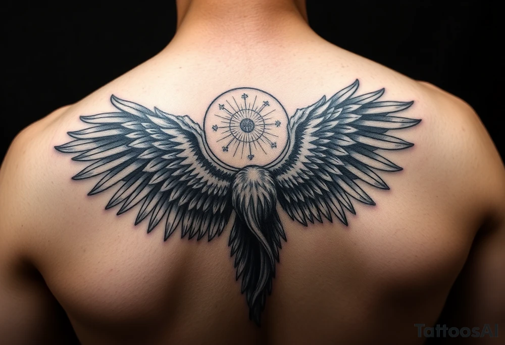 a darkgrey tattoo of an archangel on the shoulder, with a full sleeve tattoo idea