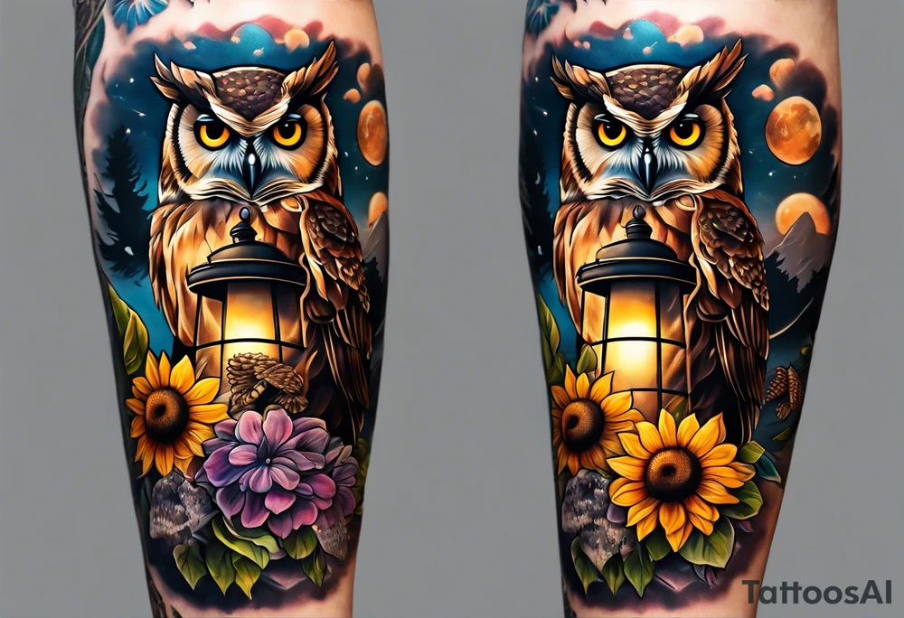 A lower forearm sleeve full colour owl light house with honeycomb filler. With sunflowers pinecone, honey suckles and sweet pea flowers. tattoo idea