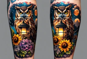 A lower forearm sleeve full colour owl light house with honeycomb filler. With sunflowers pinecone, honey suckles and sweet pea flowers. tattoo idea