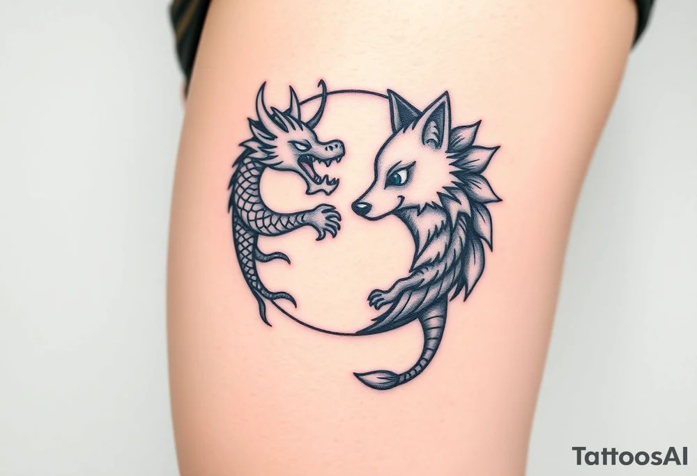 Ying yang symbol with one side a dragon and one side a wolf tattoo idea