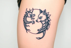 Ying yang symbol with one side a dragon and one side a wolf tattoo idea