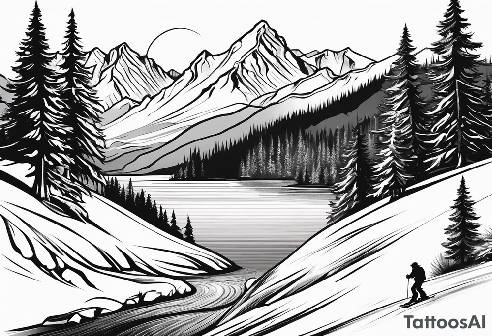 snow skier in distance coming down mountain in distance with trees and mountains and lake at bottom tattoo idea