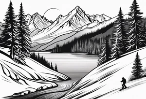 snow skier in distance coming down mountain in distance with trees and mountains and lake at bottom tattoo idea