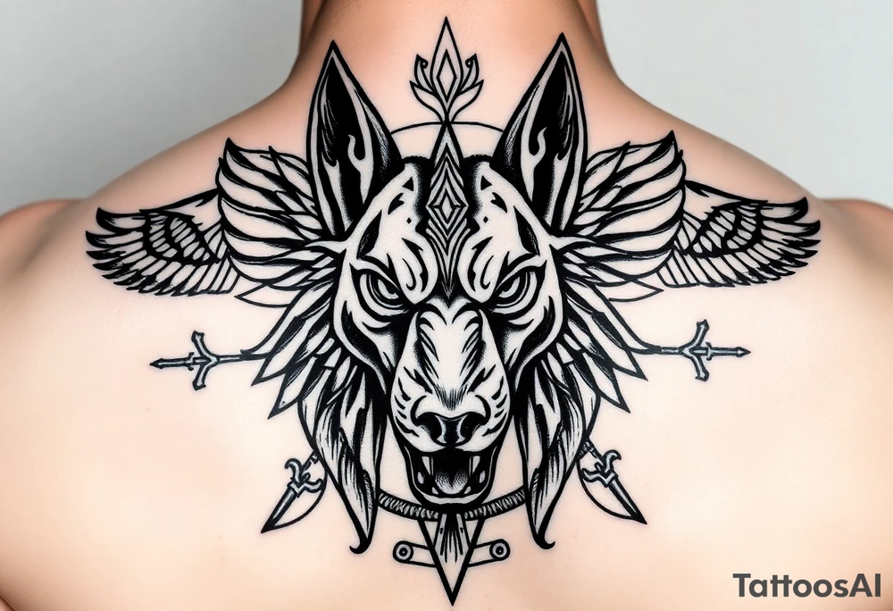 Egyptian Anubis god powerful face muscle in Egypt style dog face surrounded Egyptian symbols tattoo idea