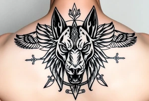 Egyptian Anubis god powerful face muscle in Egypt style dog face surrounded Egyptian symbols tattoo idea