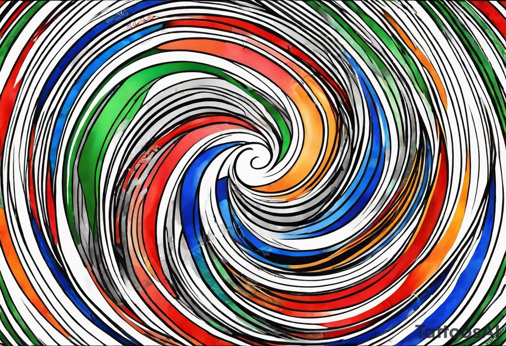 circular swirl of red, blue, orange, and green stripes tattoo idea