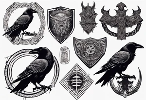 Depict a crow as a worrior with a viking sheild tattoo idea