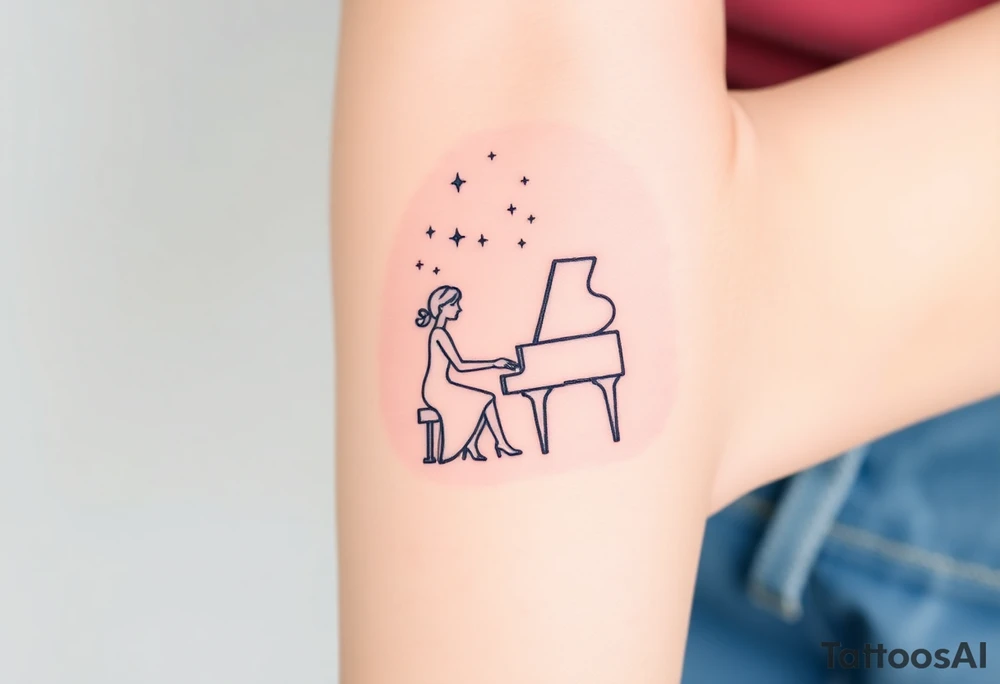 woman playing piano under the stars tattoo idea