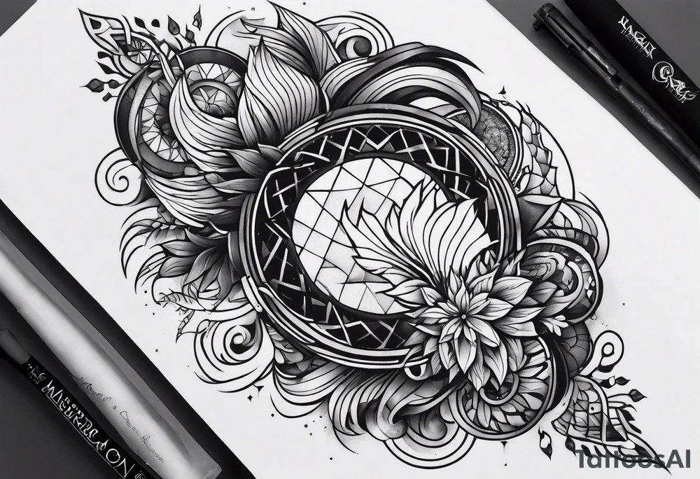 From left shoulder to forearm sleeve tattoo. Fine line geometric, concept design tattoo, ocean thunder fire tattoo idea