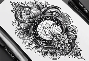 From left shoulder to forearm sleeve tattoo. Fine line geometric, concept design tattoo, ocean thunder fire tattoo idea