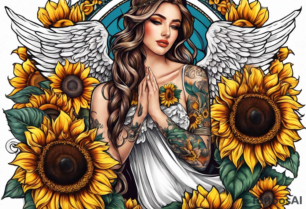Sunflowers and angel wings leg sleeve tattoo idea