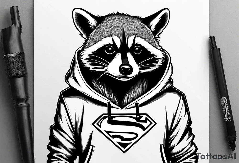 raccoon wearing a Superman hoodie tattoo idea