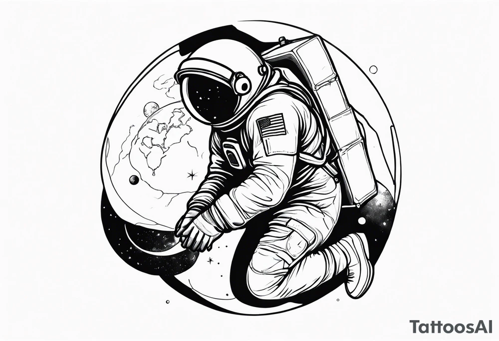 an astronaut hunched over in space from the back holding a planet in his hands tattoo idea