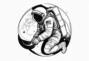 an astronaut hunched over in space from the back holding a planet in his hands tattoo idea