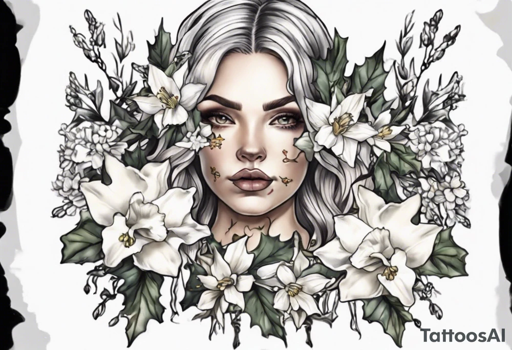 OAKLEE with Narcissus and holly flowers tattoo idea