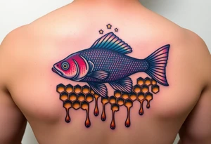 Coi fish swimming through dripping honey comb tattoo idea