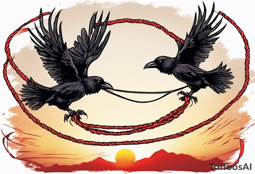 Two black crows flying into the sunset as they carry one long red string between them. tattoo idea