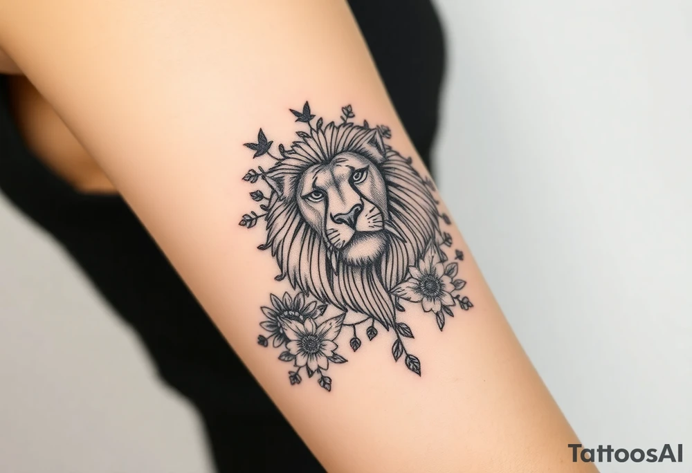 powerful majestic lion with a crown, surrounded by floral ornaments and birds tattoo idea