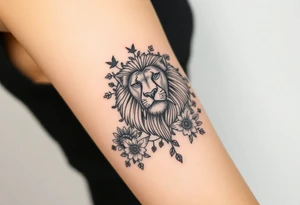 powerful majestic lion with a crown, surrounded by floral ornaments and birds tattoo idea