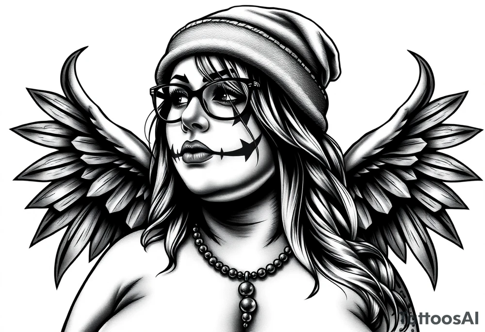Chicana BBL fat sexy chunky plus size beautiful long hair clown makeup angel wings thug beanie eyeglasses tattoo idea
