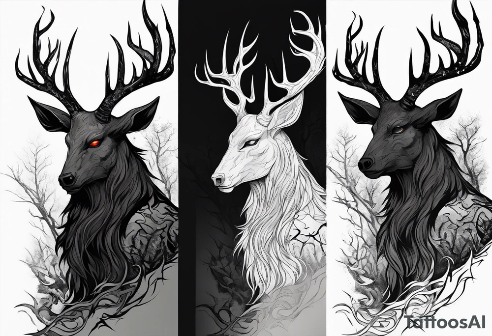 A scary dead lore accurate wendigo side profile surrounded by a forest fire in background tattoo idea