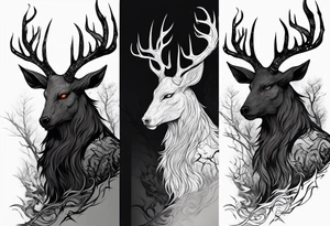 A scary dead lore accurate wendigo side profile surrounded by a forest fire in background tattoo idea