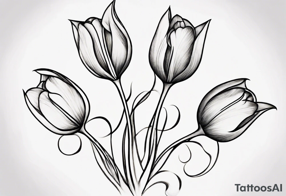 Generate a compelling tattoo design featuring three tulips with intertwining stems. Emphasize the graceful entwining of the stems, creating a harmonious and visually captivating composition. Each tulip should showcase distinct characteristics, from the delicate curves of the petals to the intricate details of the stamen. Consider incorporating elements that symbolize unity, growth, and interconnectedness. Capture the essence of nature's beauty while ensuring the overall design is balanced and aesthetically pleasing. tattoo idea