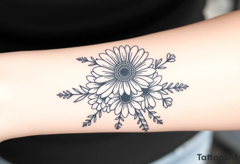 Gerbera daisy bouquet with other flowers and ribbons tattoo idea