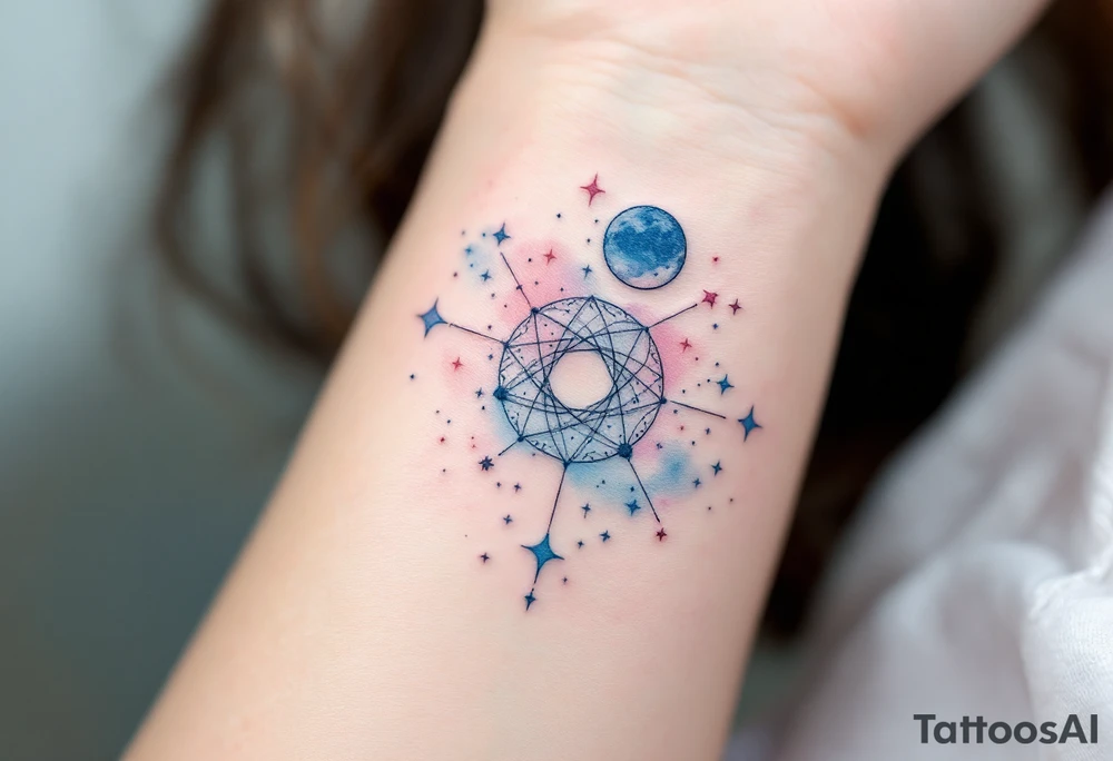 A subtle Aries star map in pastel blues and pinks celebrates the zodiac sign’s cosmic connection with a soft elegance. tattoo idea