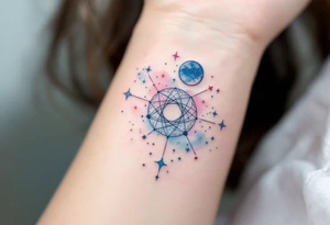 A subtle Aries star map in pastel blues and pinks celebrates the zodiac sign’s cosmic connection with a soft elegance. tattoo idea