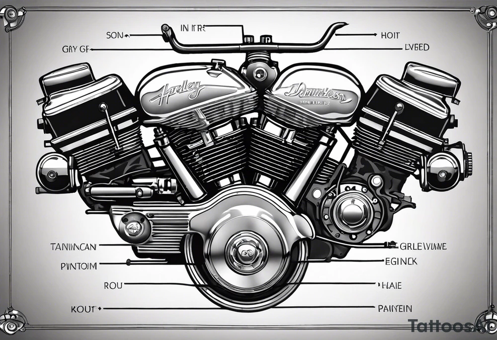Create a tattoo for a man's chest featuring two cylinder heads (motorcycle engine like a Harley Davidson). The cylinder heads should be partially in cross-section to reveal the pistons, piston rods, valves, and cams. Additionally, part of the engine with the crankshaft should also be in cross-section. You might add a spark or flames to one cylinder (simulating the explosion phase) and perhaps the exhaust phase to the other. Try to prepare the background for potential extension of the tattoo. just engine alone and look from the side tattoo idea