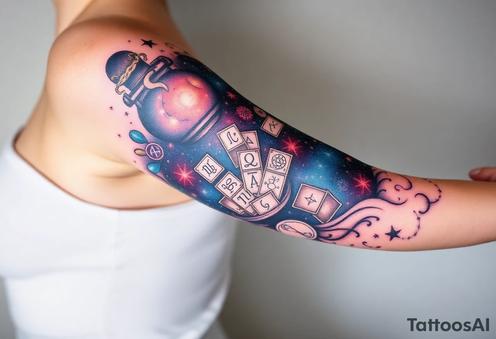 Milky way galaxy filled with zodiac symbols runes tarot cards coming out of a cauldron tattoo idea